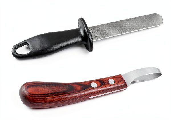 Hoof Knife with Sharpener,Farrier Tool Kit,Double Edged Hoof Trimming Knife with Wooden Handle, High-Carbon Steel Blade Hoof Knife for Horses-4
