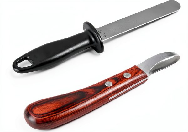 Hoof Knife with Sharpener,Farrier Tool Kit,Double Edged Hoof Trimming Knife with Wooden Handle, High-Carbon Steel Blade Hoof Knife for Horses-0