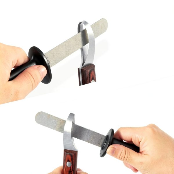 Hoof Knife with Sharpener,Farrier Tool Kit,Double Edged Hoof Trimming Knife with Wooden Handle, High-Carbon Steel Blade Hoof Knife for Horses-2