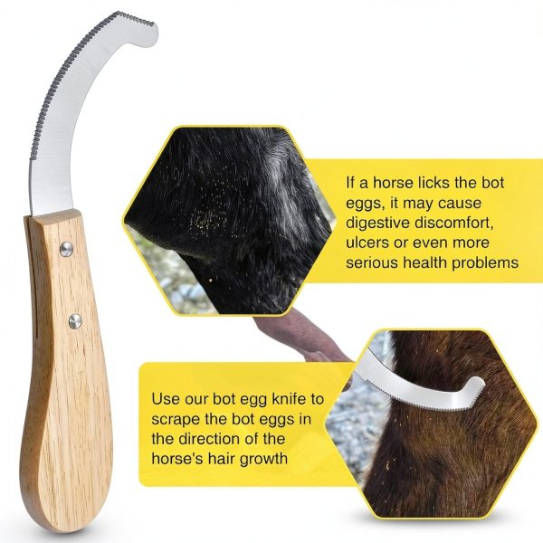 Bot Egg Knife for Horses, Horse Farrier Tool Grooming Bugs, Stainless Steel Blade with Wood Handle, Precision Grooming Tool for Bot Egg Removal-1